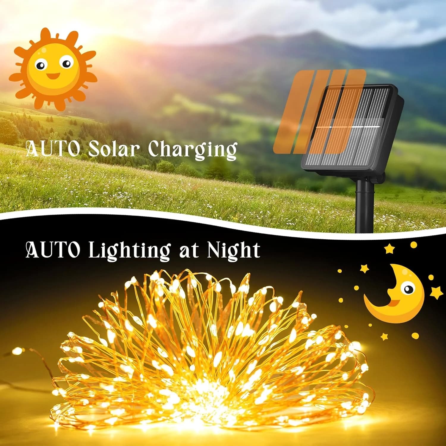 שרשרת נורות LED סולאריות בחוט נחושת, 100 נורות, 8 מצבים