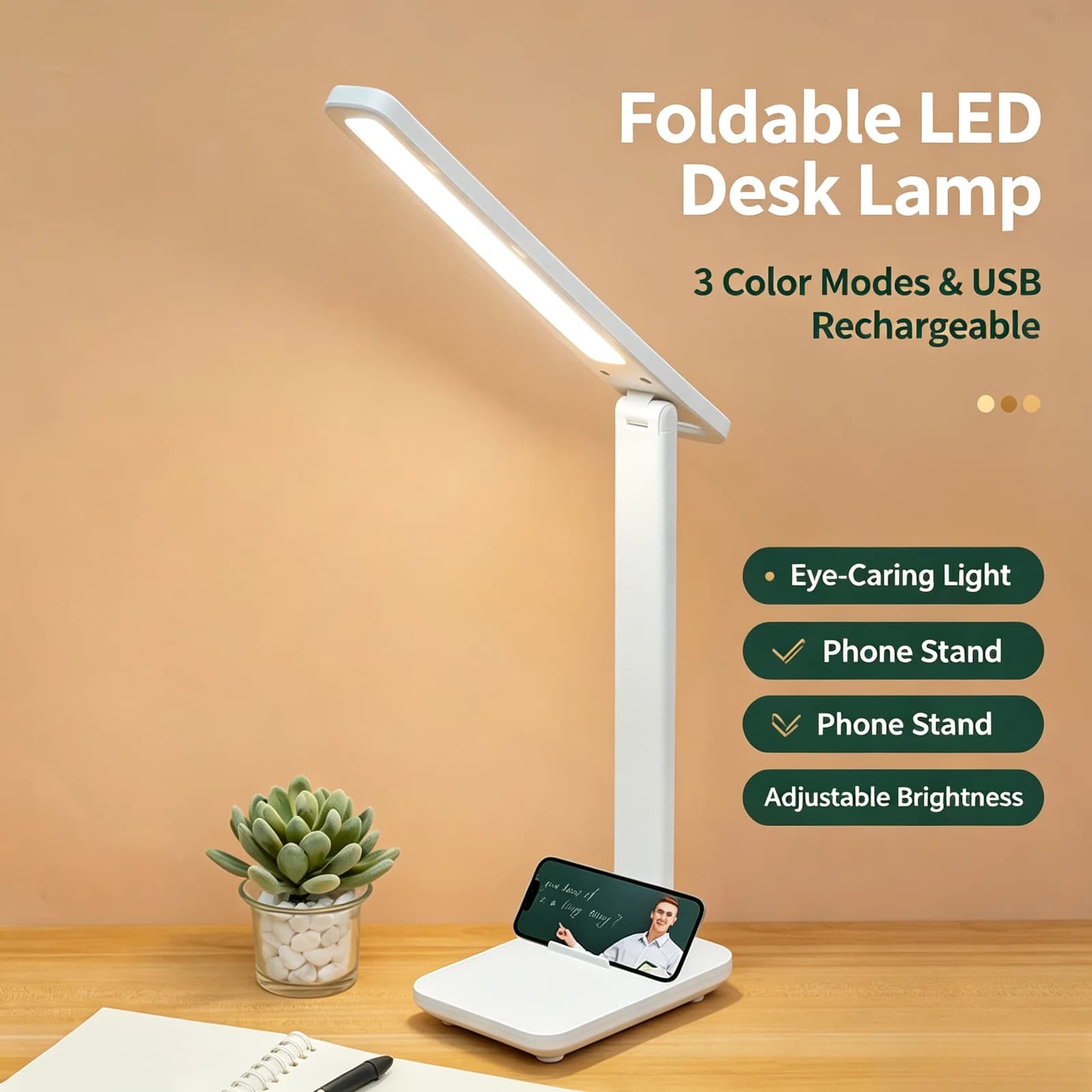 מנורת שולחן LED מתקפלת נטענת ב-USB עם מעמד לטלפון