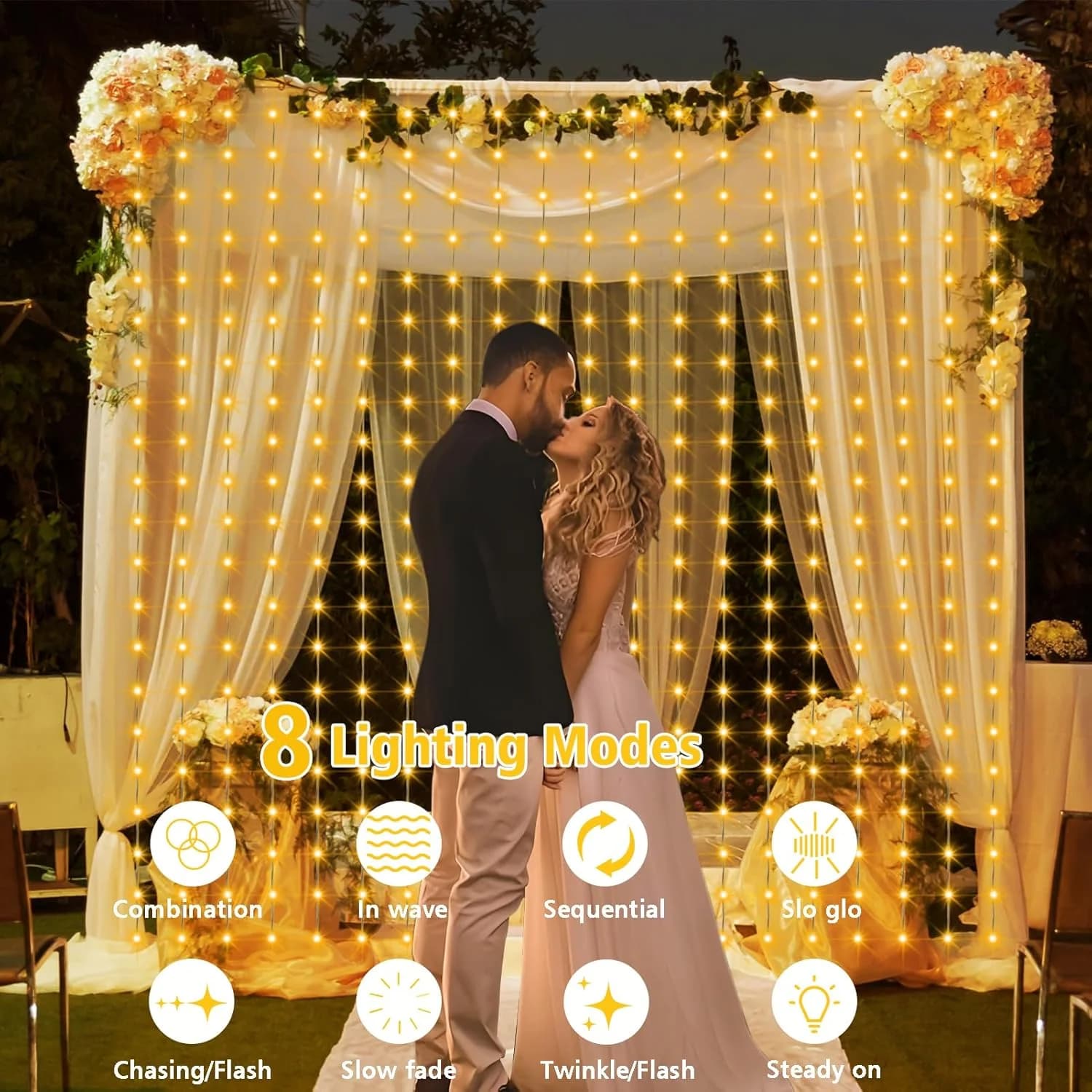שרשרת תאורת וילון סולארית LED, 300 נורות, 8 מצבים