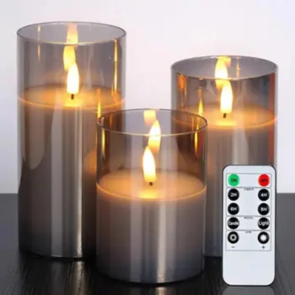 סט של 3 נרות LED מהבהבים עם שלט רחוק