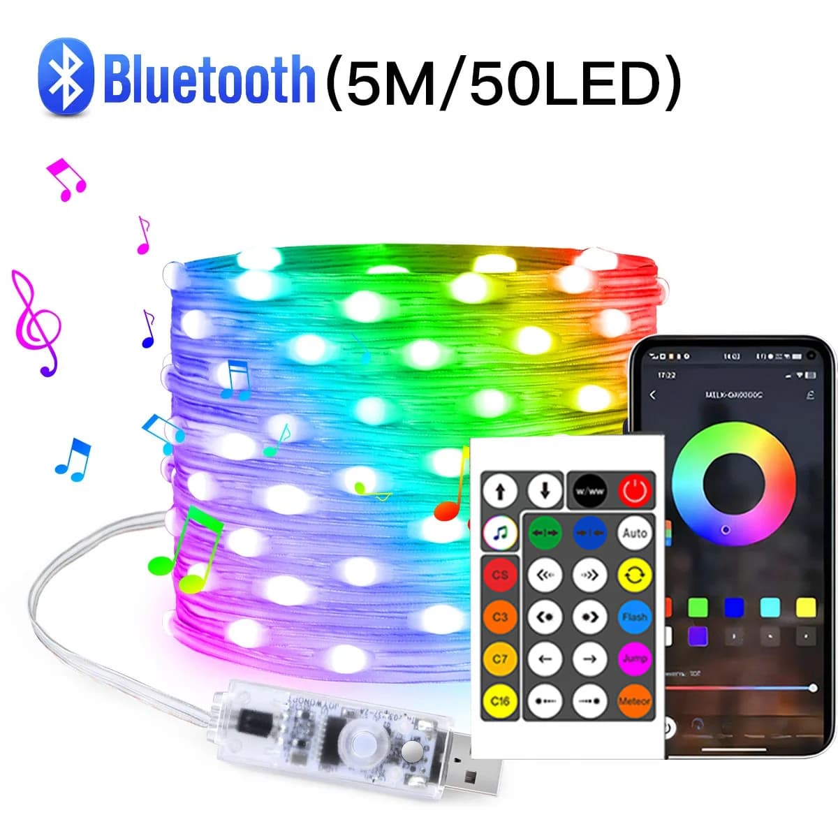 שרשרת פיות LED צבעונית עם שלט רחוק USB Bluetooth